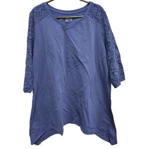 Denim & Co Womens Tunic Top Size 2X Blue Lace 3/4 Sleeve BOHO Minimalist Casual